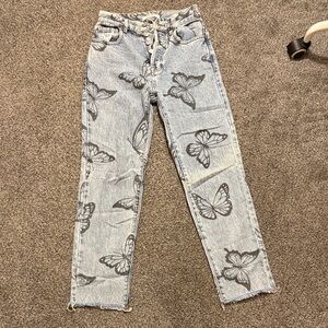 PacSun Blue Butterfly Print Women's High Rise Straight Jeans
